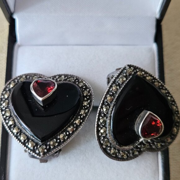 Vintage Onyx and Garnet Sterling Silver Clip Earrings - Picture 1 of 7